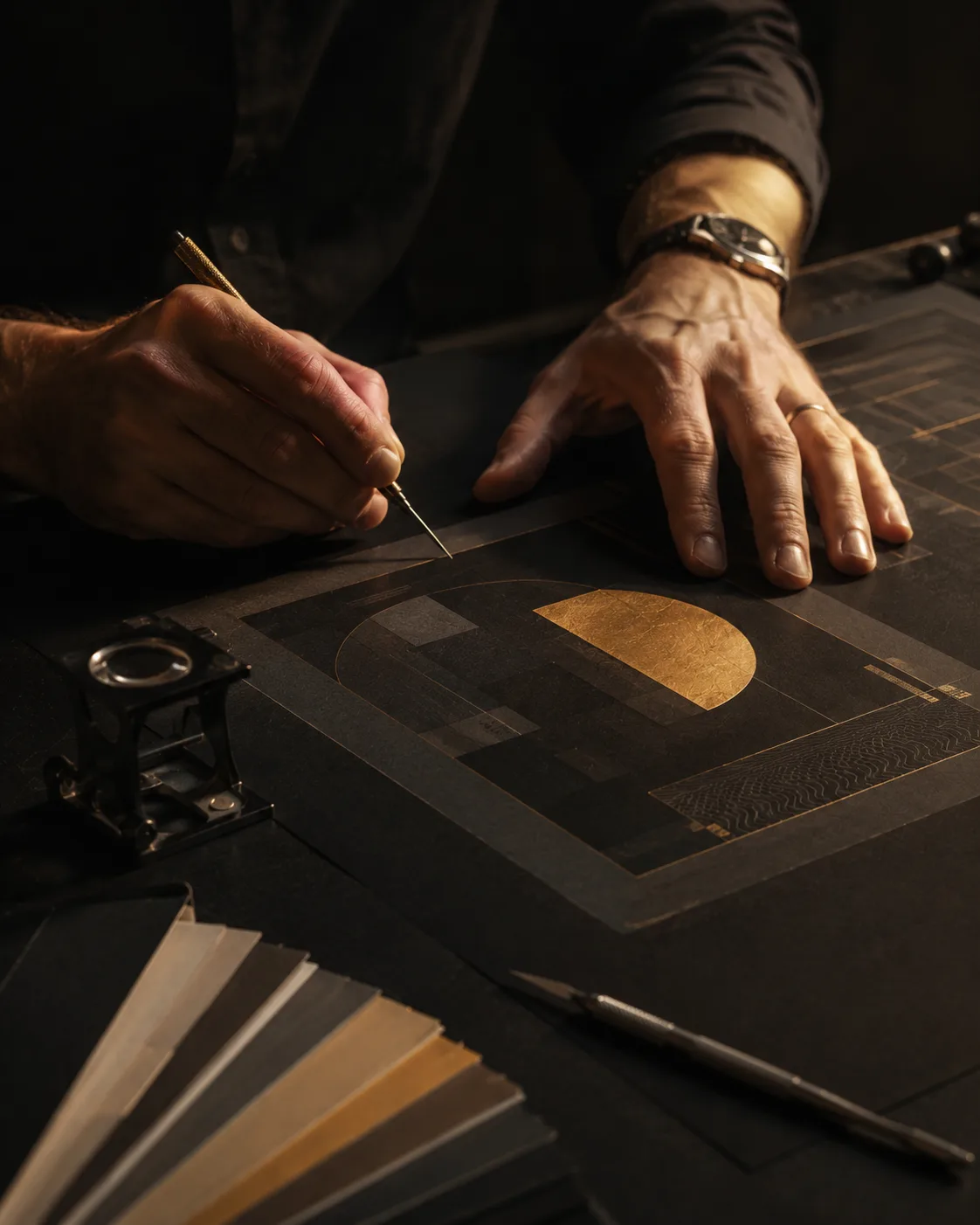 Two hands laying gold leaf onto a dark printed board with a fine tool, a loupe and paper swatches alongside.