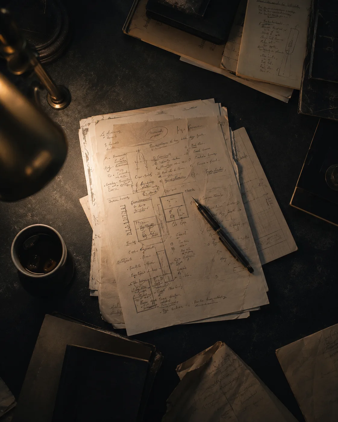 A lamplit desk of handwritten notes and pencil layout sketches, spread over older reference books.