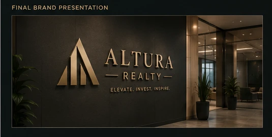 Altura — the final brand presentation, the mark on a lit lobby wall
