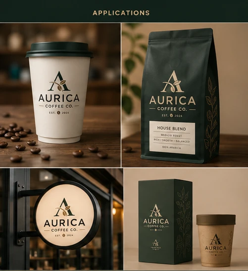 Aurica — takeaway cup, coffee pouch, illuminated shopfront sign and retail carton