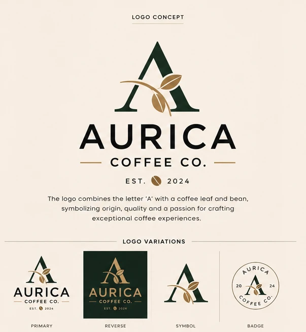 Aurica — the logo concept and its four variations: primary, reverse, symbol and badge