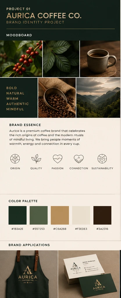 Aurica — moodboard, brand essence, colour palette and first applications