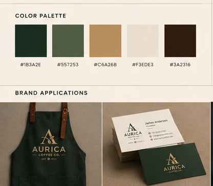 Aurica — the five-colour palette, with the first brand applications beneath it