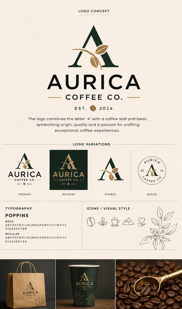 Aurica — the board's centre column: logo concept, variations, typography and icons