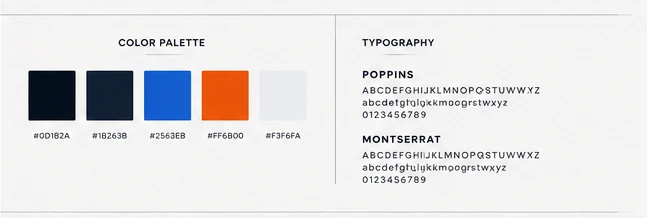 Nexora — the five-colour palette and the two typefaces, Poppins and Montserrat
