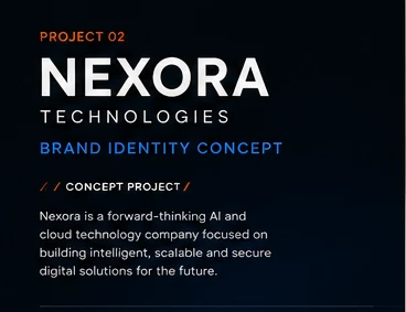 Nexora — the board's title block: project 02, brand identity concept, and the positioning paragraph