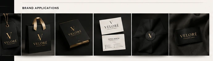 Veloré — hang tag, shopping bag, rigid box, business cards, wrapped garment and woven label
