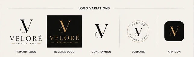 Veloré — five logo variations: primary, reverse, icon, submark and app icon
